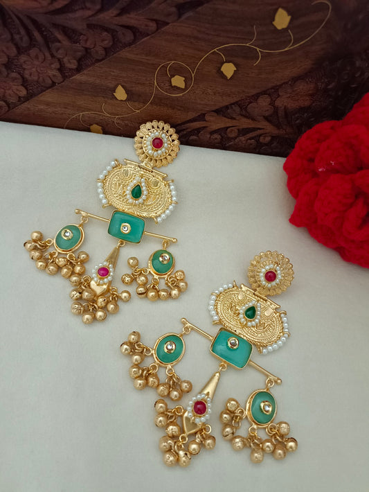 Brass-Plated Pachi Kundan Studded Statement Ghungaroo Temple Drop Earrings