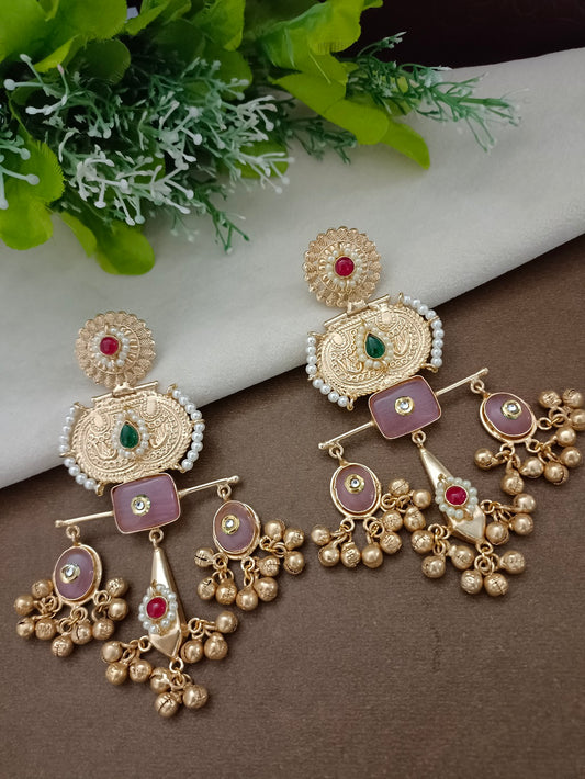 Brass-Plated Pachi Kundan Studded Statement Ghungaroo Temple Drop Earrings