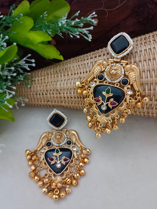 Brass-Plated Kundan Studded Birds Kashmiri Statement Ghungaroo Drop Earrings