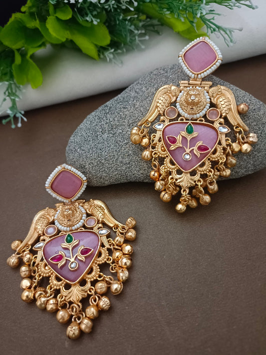 Gold-Toned Kundan Birds Kashmiri Ghungroo Drop Earrings