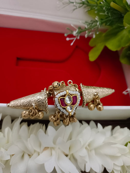 Gold Pachi Kundan Adjustable Multi-Finger Ghungroo Ring