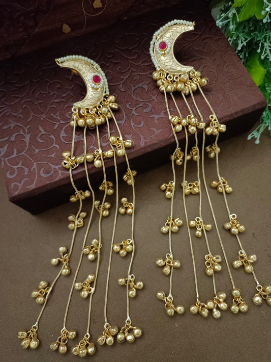 Gold Pachi Kundan Crescent Moon Kashmiri Drop Earrings