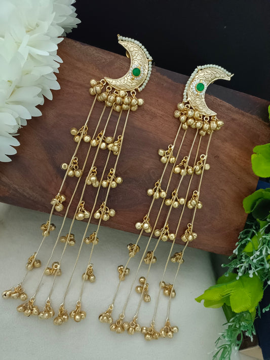 Gold Pachi Kundan Green Crescent Moon Kashmiri Earrings