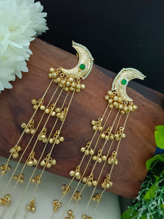 Gold Pachi Kundan Green Crescent Moon Kashmiri Earrings