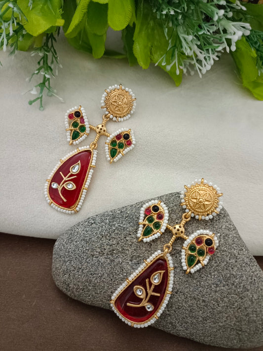 Red & Gold Brass-Plated Kundan Teardrop Statement Earrings
