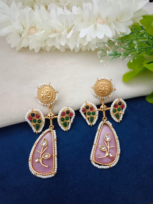 Gold-Toned Kundan Studded Peacock Floral Kashmiri Drop Earrings