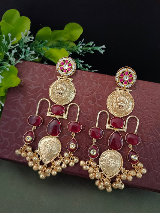 Gold Pachi Kundan Ghungroo Tiger Design Kashmiri Brass Plated Earrings