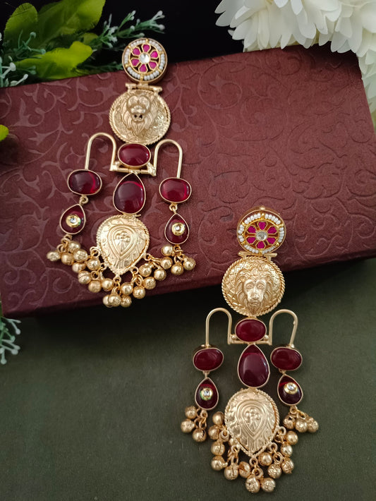 Gold Pachi Kundan Ghungroo Tiger Design Kashmiri Brass Plated Earrings