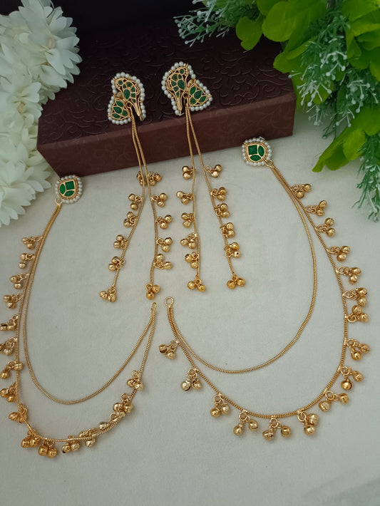 Gold Kundan Peacock Kashmiri Drop Earrings With Ear Chains