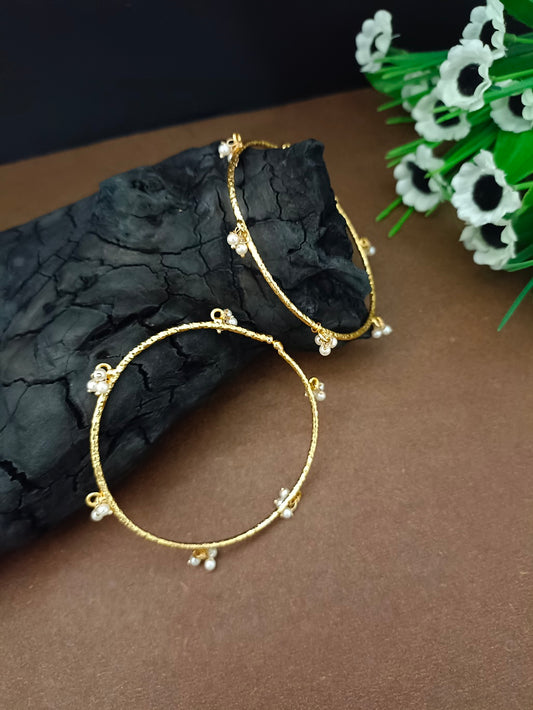 Set Of 2 Pearls Studded Gold-Plated Lightweighted Adjustable Bangle-Style Cuff Bracelet