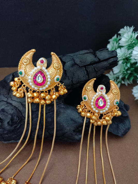 Gold Plated Pachi Kundan & Ghungaroo Bedded Kashmiri Crescent Shaped Drop Earrings