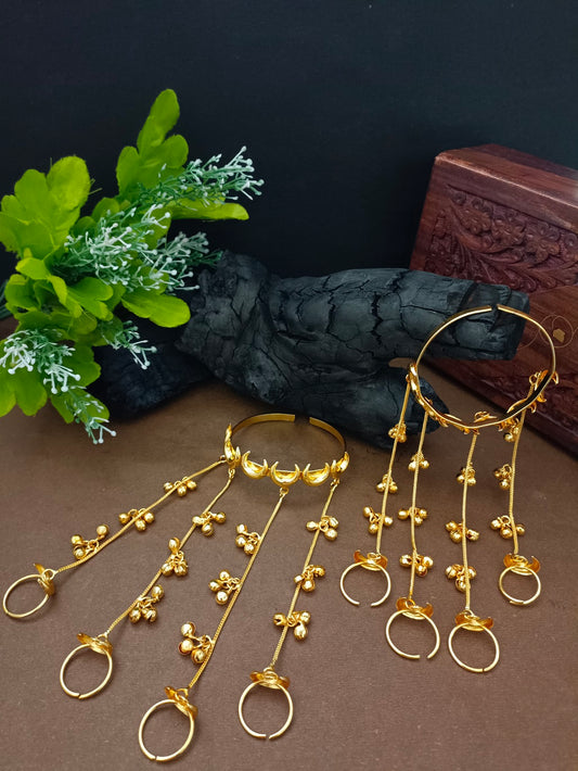Women 2 Brass Handcrafted Gold-Plated Hathphool Panja Multi Ring moon Bracelet