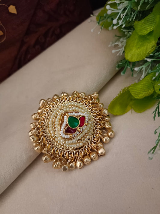 Gold-Plated & Pachi Kundan Studded Ghungroo Kashmiri Lotus Finger Ring