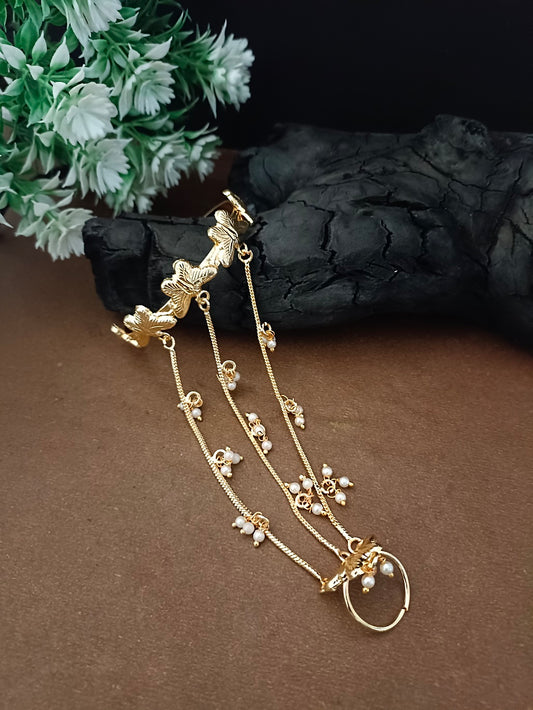 Women Brass Handcrafted Gold-Plated Hathphool Panja Multi Ring Butterfly Bracelet