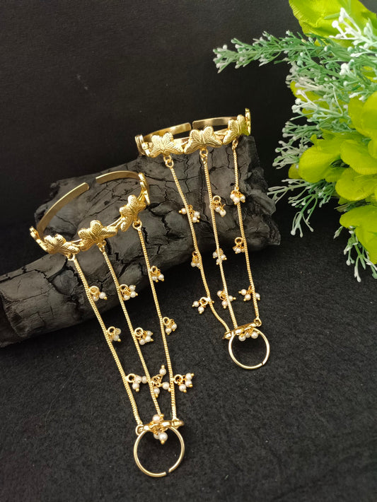 Women 2 Brass Handcrafted Gold-Plated Hathphool Panja Multi Ring Butterfly Bracelet