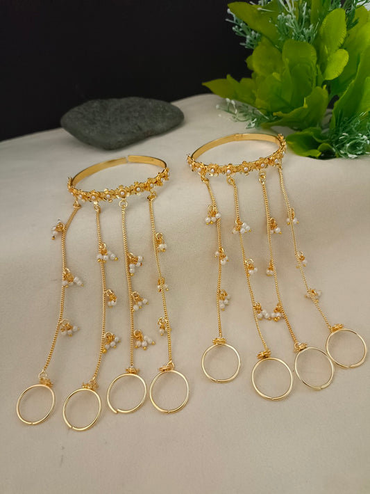 Women 2 Brass Handcrafted Gold-Plated Hathphool Panja Multi Ring Pearl Studded Bracelet