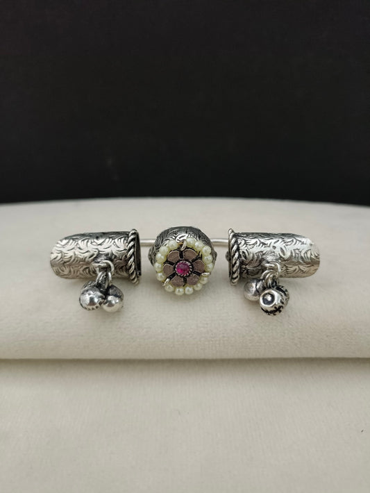 Brass-Plated Oxidized Adjustable Finger Ring | Stone Studded & Pearl Beaded