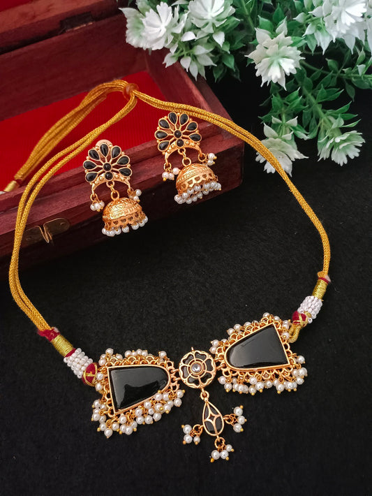 Gold-Plated Kundan & Pearl Beaded Choker Set with Jhumka Earrings