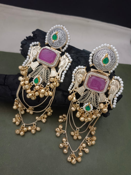 Gold Pachi Kundan Double 8 Stone and CZ Stone Ghungroo Kashmiri Brass Plated Drop Earrings