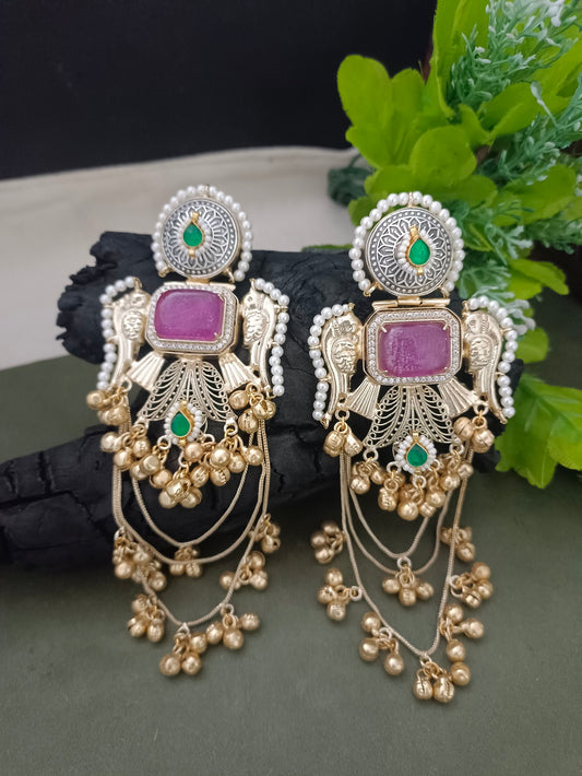 Gold Pachi Kundan Double 8 Stone and CZ Stone Ghungroo Kashmiri Brass Plated Drop Earrings