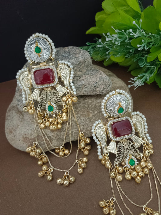 Gold Pachi Kundan Double 8 Stone and CZ Stone Ghungroo Kashmiri Brass Plated Drop Earrings