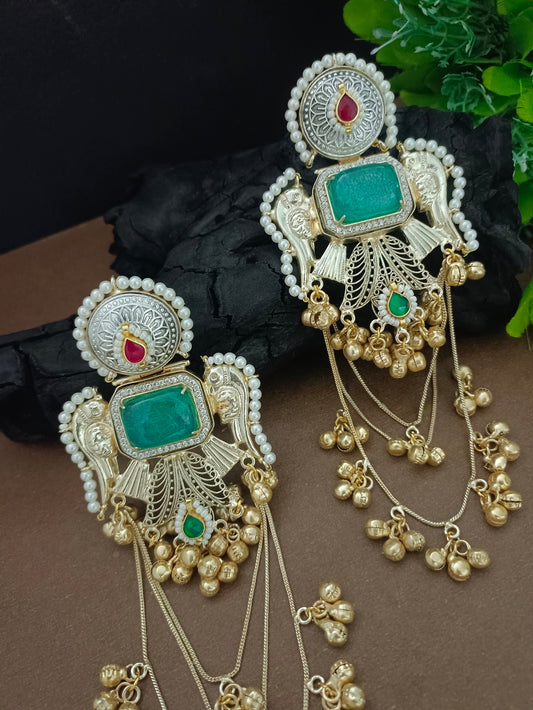 Gold Pachi Kundan Double 8 Stone Ghungroo Kashmiri Brass Plated Drop Earrings