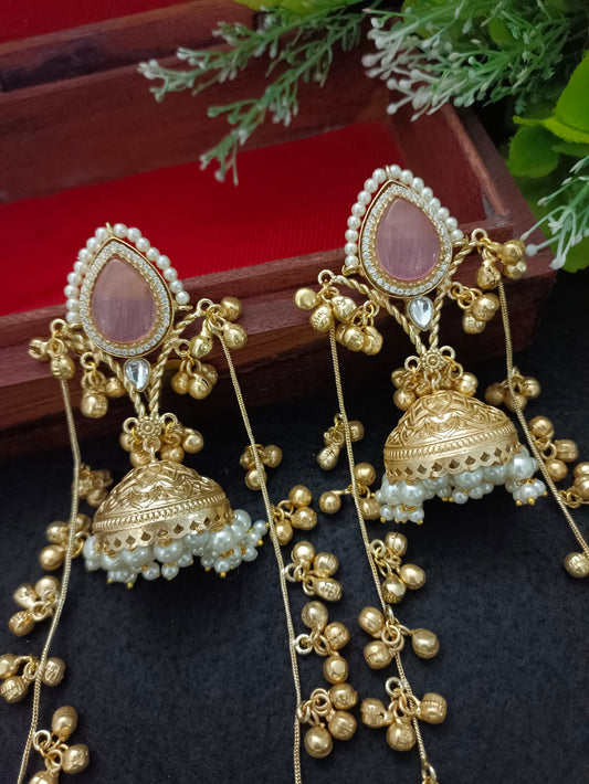 Kashmiri Jhumka Earrings with Color Stone – Traditional Gold Tone Ghungaroo Drop Earrings