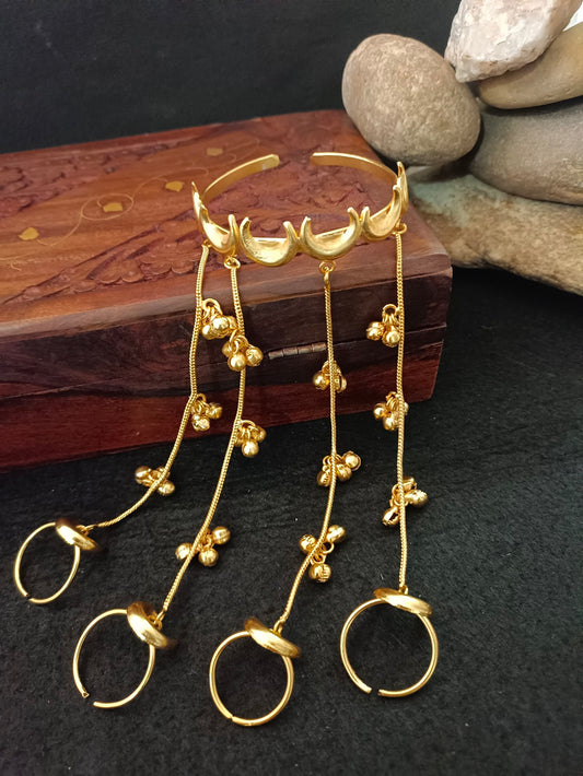 Women Brass Handcrafted Gold-Plated Hathphool Panja Multi Ring moon Bracelet
