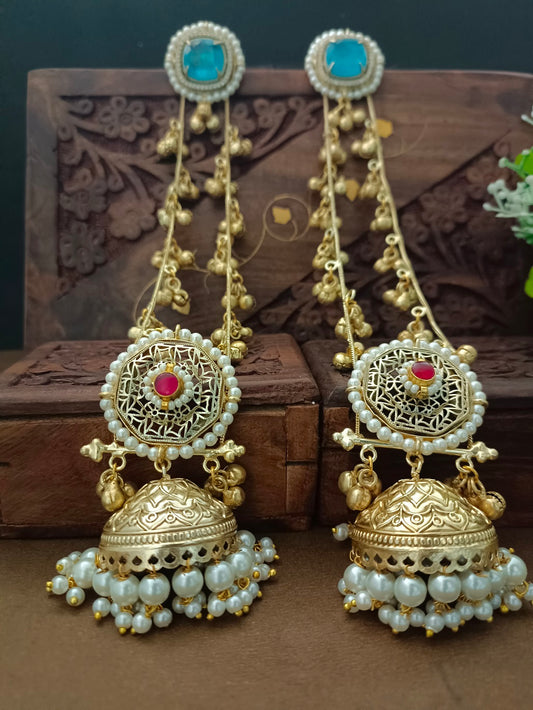 Gold Plated Kundan Stone & Ghungaroo Studded Kashmiri Drop Earrings