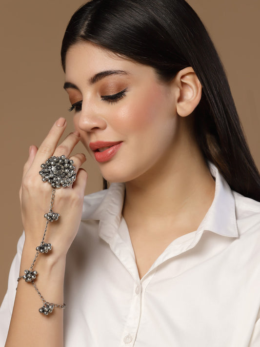 Silver-Plated Ghungroo Oxidized Finger Ring Bracelets