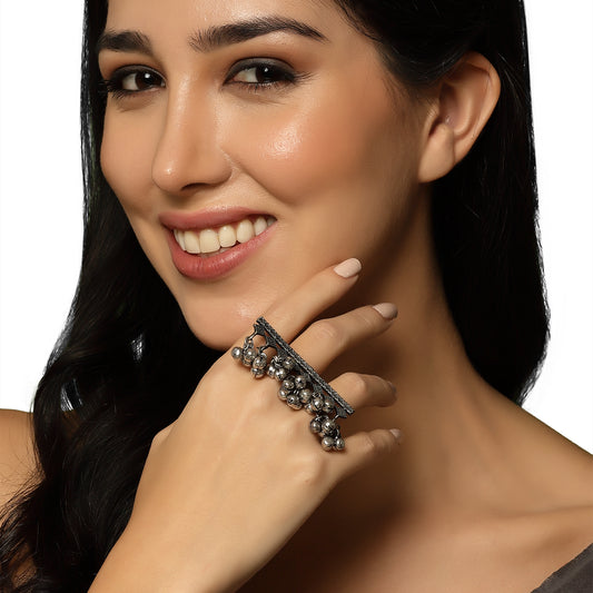 Silver-Plated Oxidised ghungaroo Studded Adjustable Finger Ring