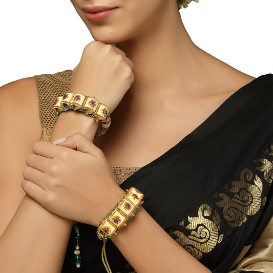Women Set of 2 Gold-Plated Kundan Thread Meenakari Rajasthani Bridal Pochi Bracelet