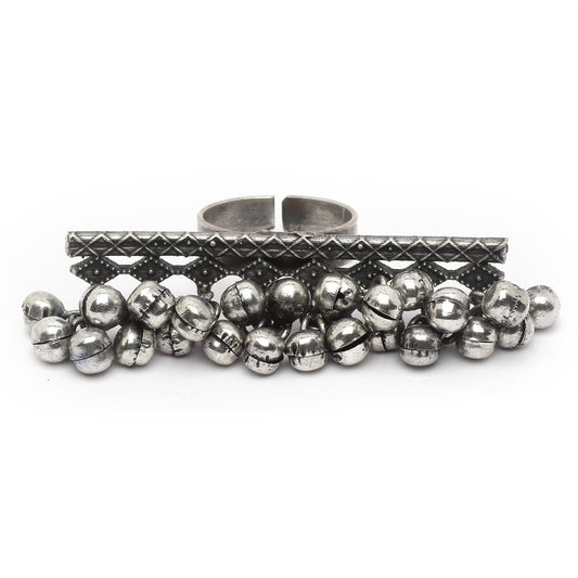 Silver-Plated Oxidised ghungaroo Studded Adjustable Finger Ring