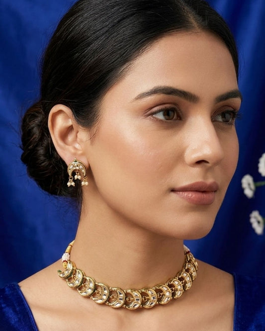 Sanjog Traditional Gold-Plated Kundan Crescent Choker Necklace Set with Earrings