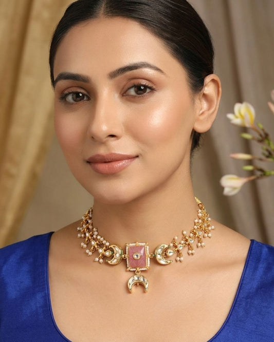 Sanjog Rajwadi Gold Plated Crescent Moon Kundan Choker Necklace with Pink Faux Stone and Pearl Drops