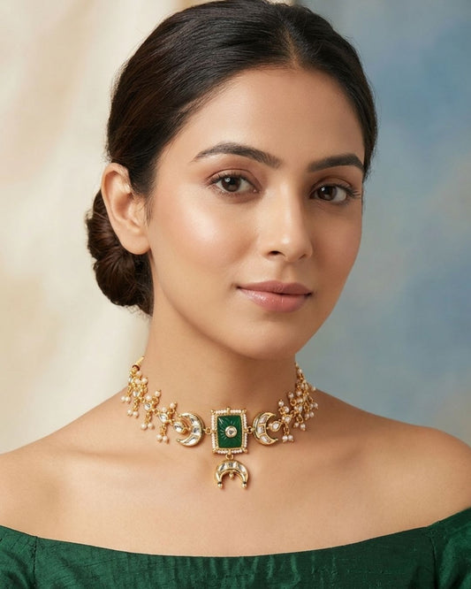 Sanjog Rajwadi Gold Plated Kundan Choker Necklace with Faux Gemstone, Crescent Moon Chaandbali Motifs, and Pearl Drops