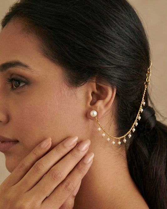 Gold-Plated Pearls Studded Classic Layered Ear Chain Earrings