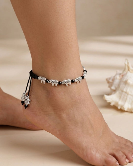 Black Beaded Silver-Plated Charm Oxidized German Silver Thread Anklet