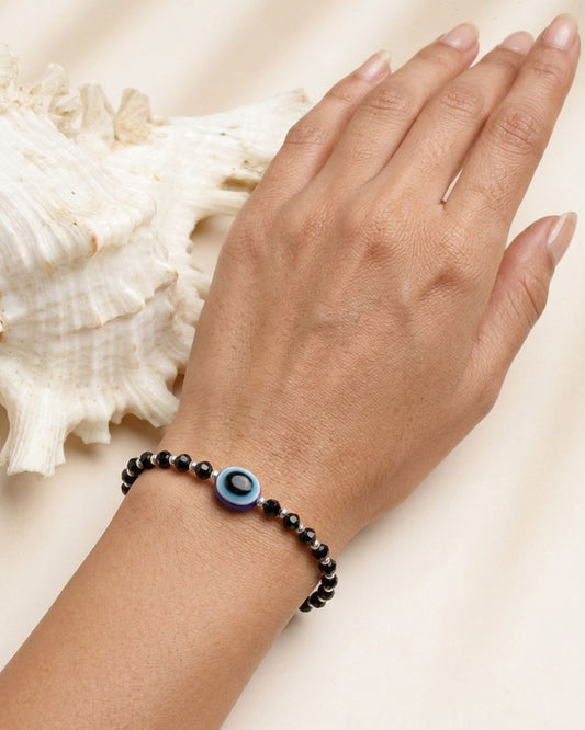 Oxidised German Silver-Plated Black & Blue Evil Eye Beaded Handcrafted Anklet