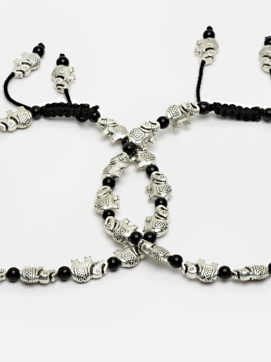 Set Of 2 Oxidized German Silver-Plated & Black Elephant Charm Thread Anklets