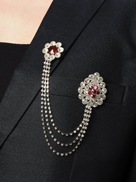 Unisex Gold-Toned & Maroon &White Embellished American Diamond Layered Brooch Lapel Pin
