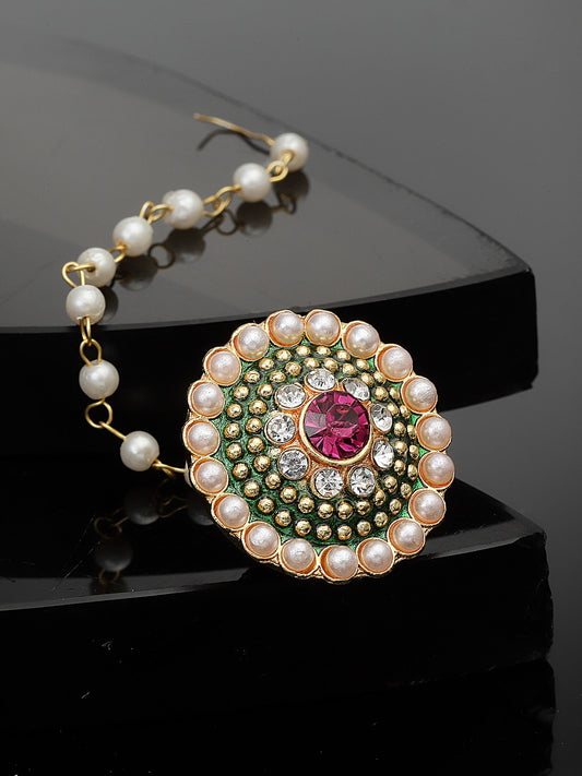Gold-Plated Stone-Studded & Beaded Bor Borla Pearl Maang Tikka
