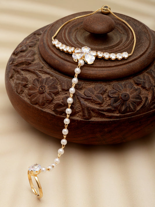 Gold-Plated Crystals & AD Stone Studded Finger Ring Hathphool Pearl Bracelet