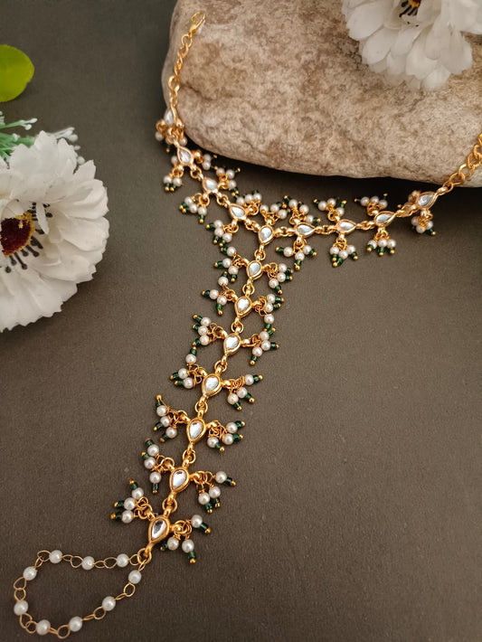 Gold-Plated Kundan Studded Meenakari Ring Hathphool Pearl Bracelets
