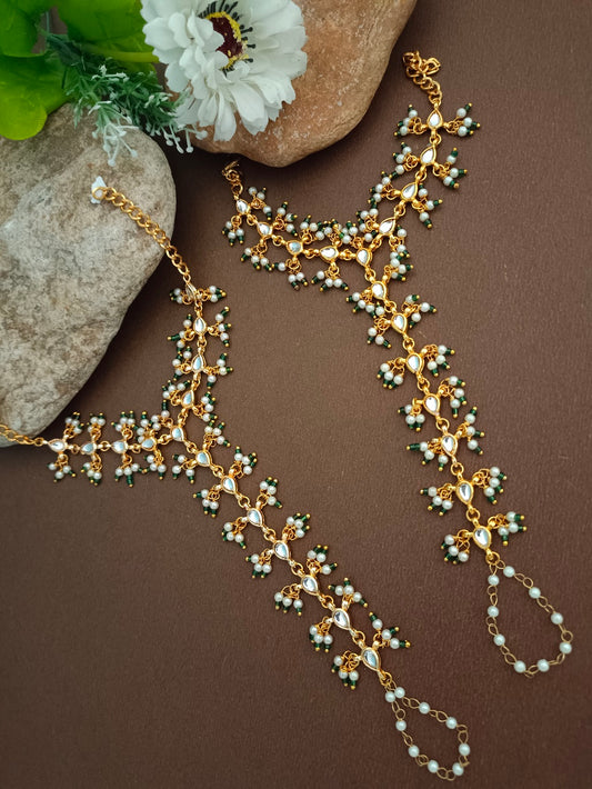 Set Of 2 Gold-Plated Kundan Studded Meenakari Ring Hathphool Pearl Bracelets