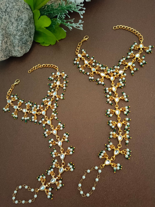 Set Of 2 Gold-Plated Kundan Studded Meenakari Ring Hathphool Pearl Bracelets