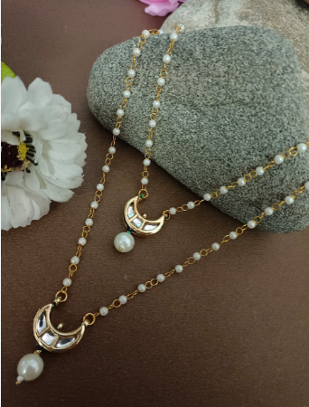 Gold-Plated Kundan Studded Crescent Moon Charms Layered Collor Pearl Necklace