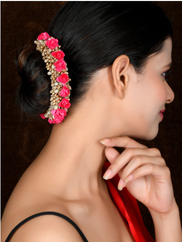 Women Pink & Gold Embellished Hair Accessory Flower Gajra