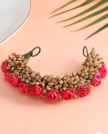 Women Pink & Gold Embellished Hair Accessory Flower Gajra