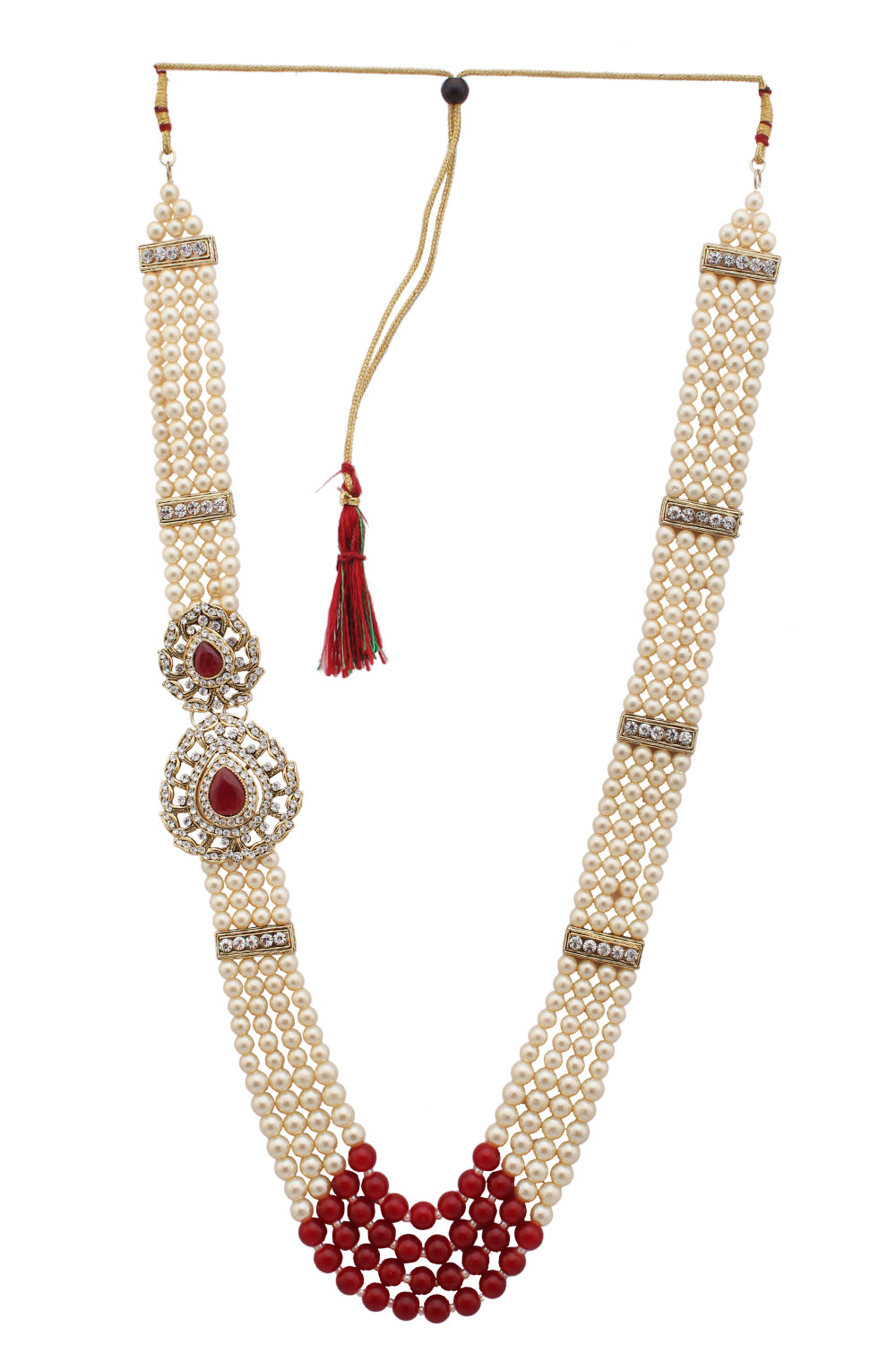 Men Gold-Toned & Ruby Red Brass Necklace Dulha Moti Mala Haar Groom Necklace